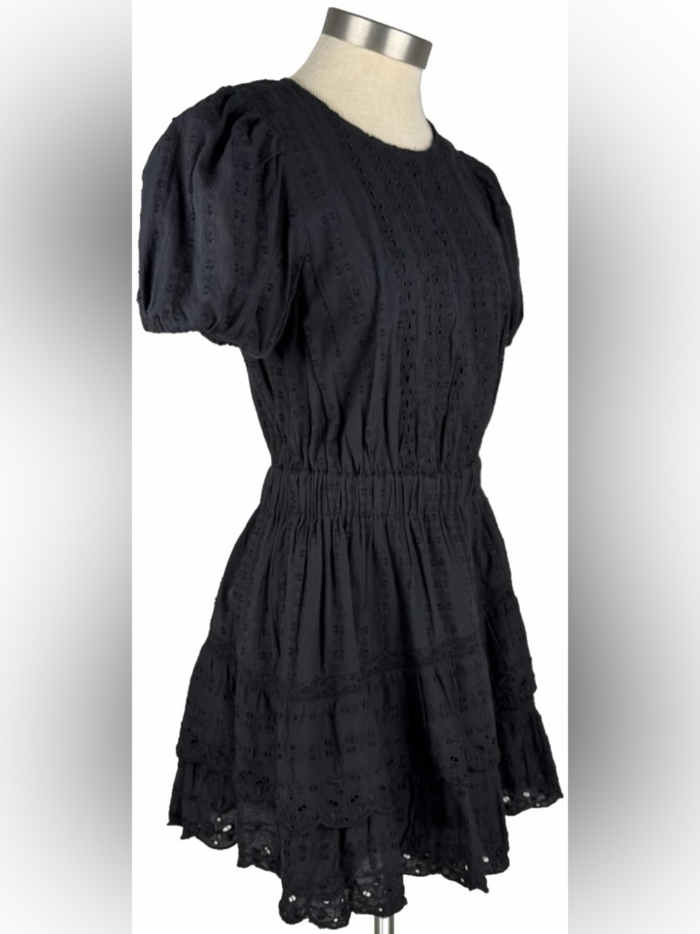 Zara Womens M Mini Dress Black Cotton Lace Puff Sleeve Ruffles Tiered NWT New